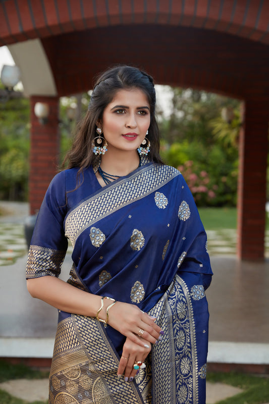 Navy Color Wedding Wear Beautiful Banarasi Weaving Silk Saree