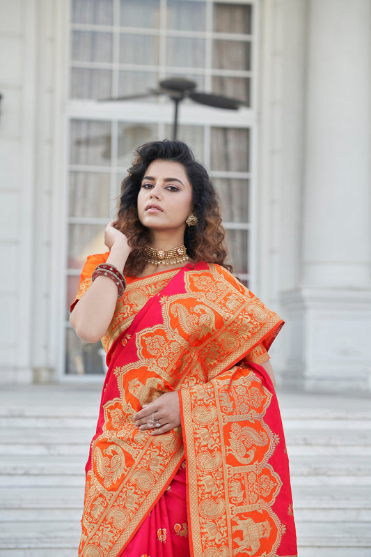 Pink Soft Banarasi With Zari Weaving Silk Saree