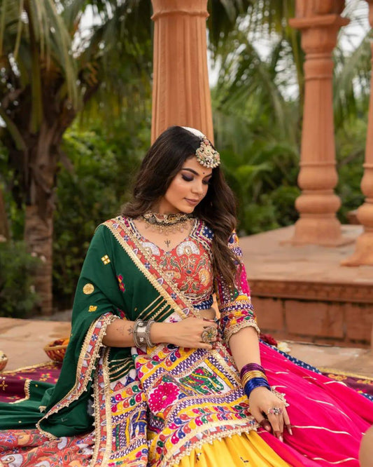 Multicolor Digital Print Real Mirror Work Navratri Lehenga Choli