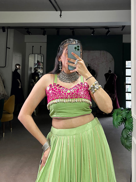 Parrot Pure Rayon Original Mirror With Kodi Work Navaratri Lehenga Choli
