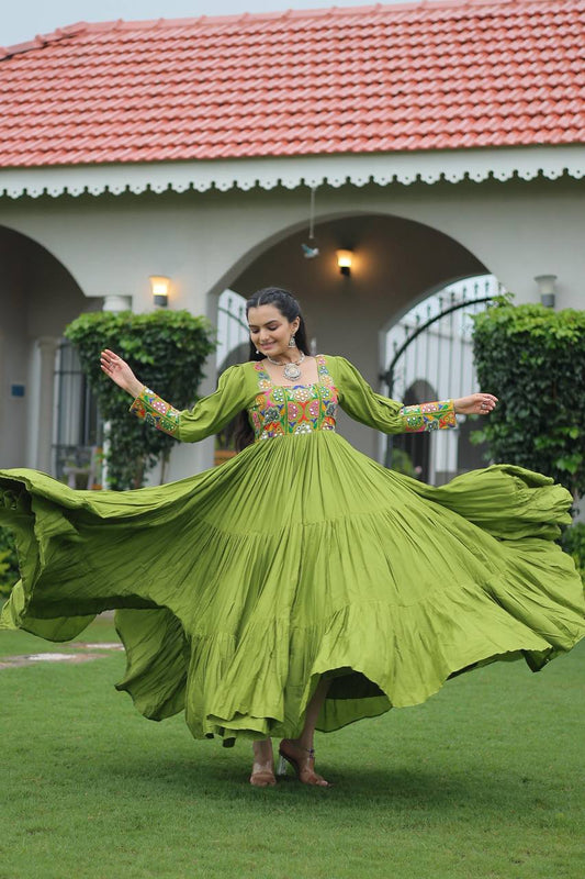 Parrot Rayon Kutchi Gamthi Work Navratri Special Gown