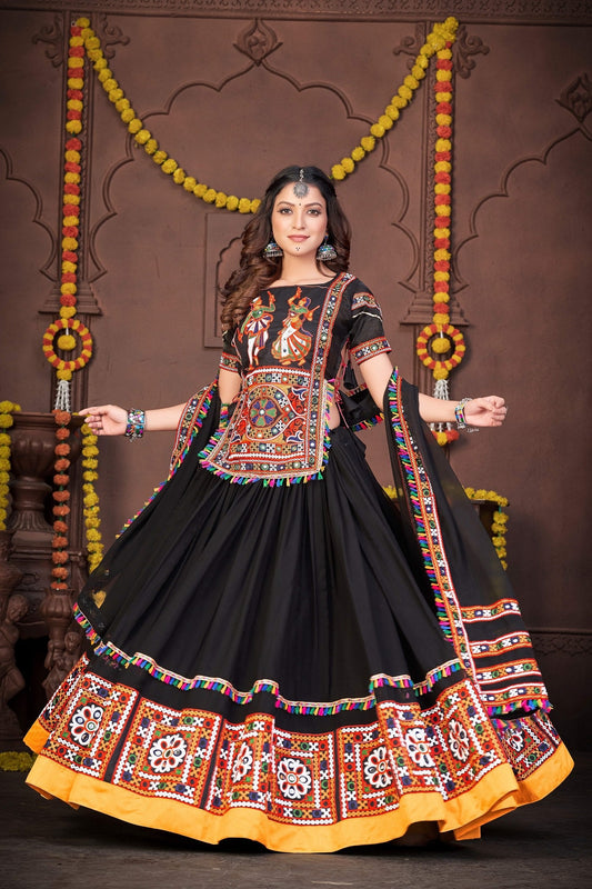 Black Georgette Navratri Lehenga Choli with Traditional Kutchi Embroidery & Real Mirror Work