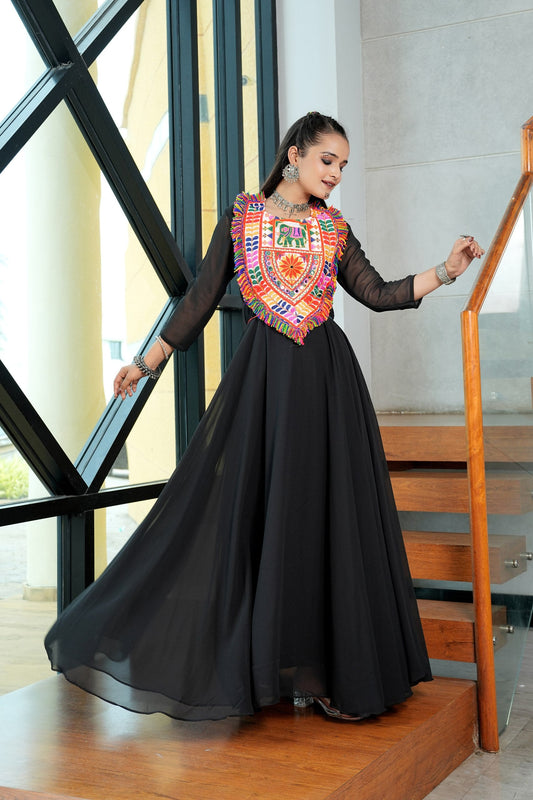 Black Georgette Navratri Anarkali Gown with Kutchi Multicolor Embroidery & Mirror Work
