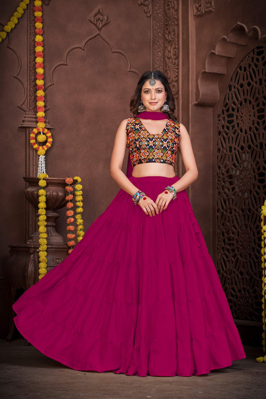 Pink French Crape Navratri Lehenga Choli with Traditional Kutchi Embroidery & Mirror Work