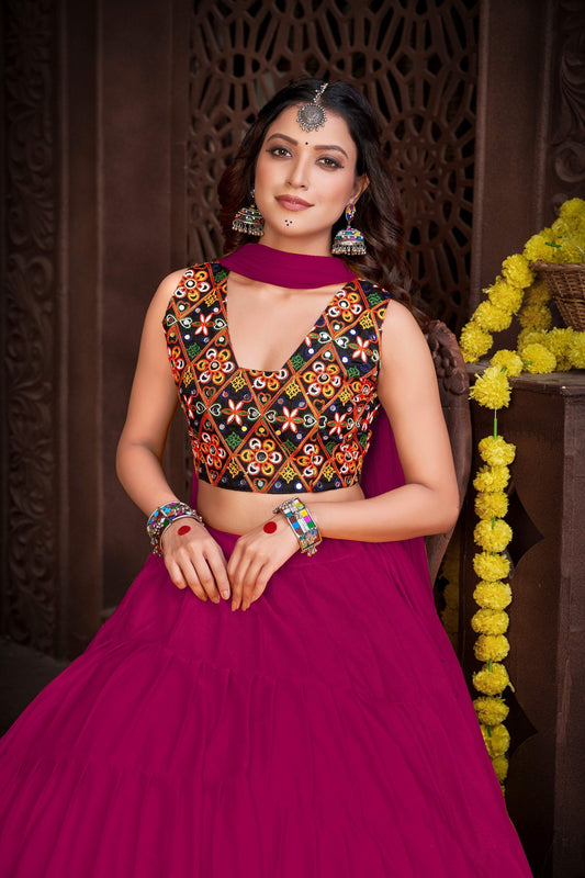 Pink French Crape Navratri Lehenga Choli with Traditional Kutchi Embroidery & Mirror Work