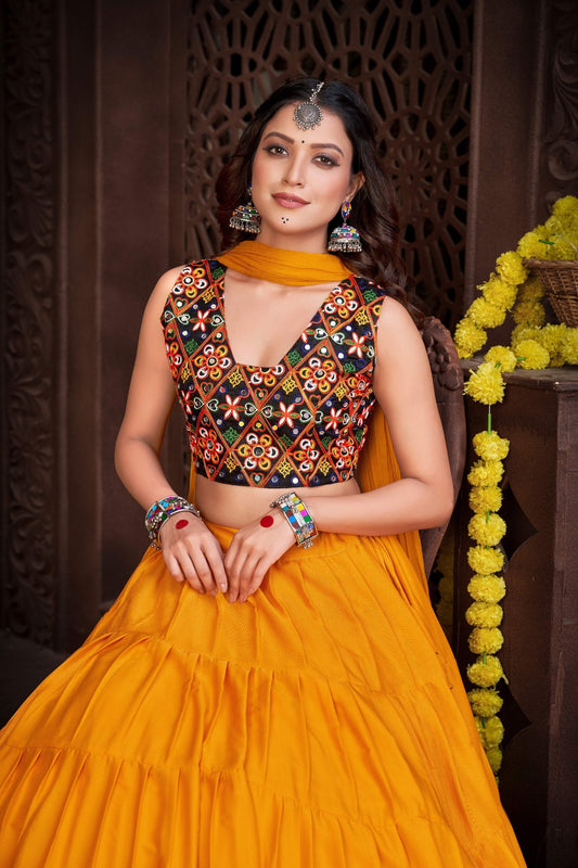 Yellow French Crape Navratri Lehenga Choli with Traditional Kutchi Embroidery & Mirror Work