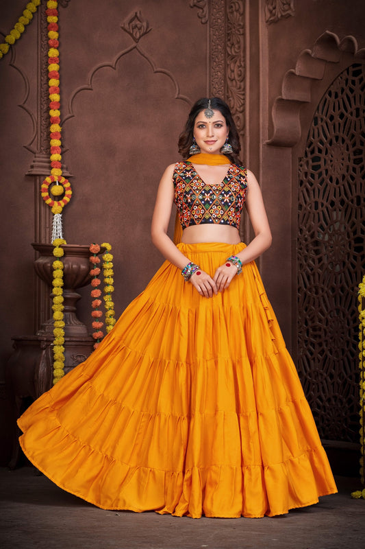 Yellow French Crape Navratri Lehenga Choli with Traditional Kutchi Embroidery & Mirror Work