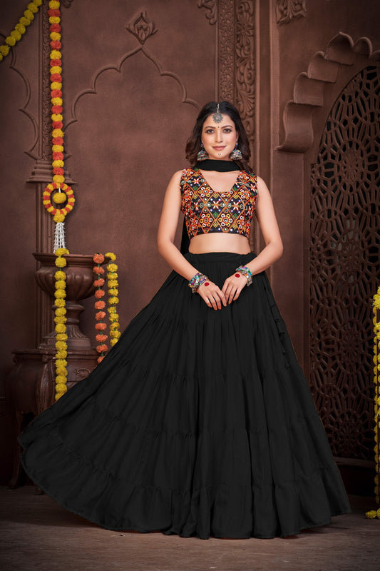 Black French Crape Navratri Lehenga Choli with Traditional Kutchi Embroidery & Mirror Work