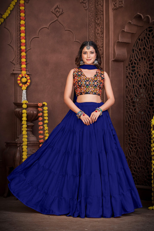 Royal Blue French Crape Navratri Lehenga Choli with Traditional Kutchi Embroidery & Mirror Work