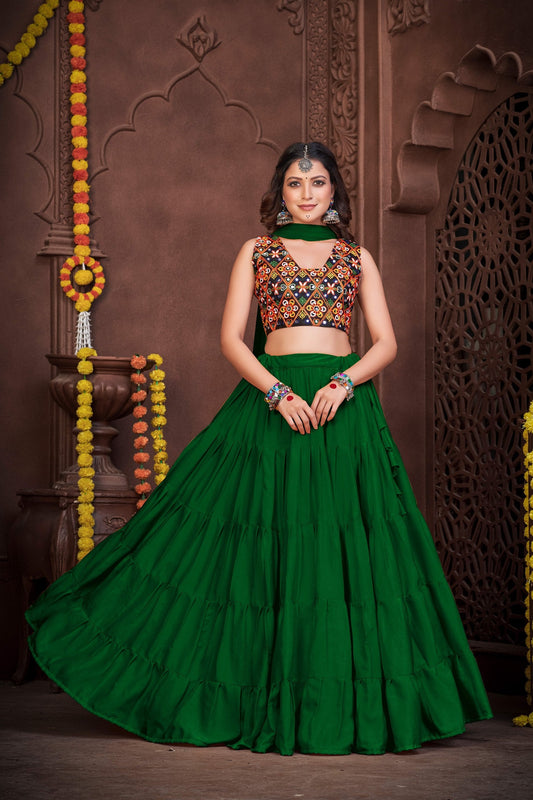 Dark Green French Crape Navratri Lehenga Choli with Traditional Kutchi Embroidery & Mirror Work
