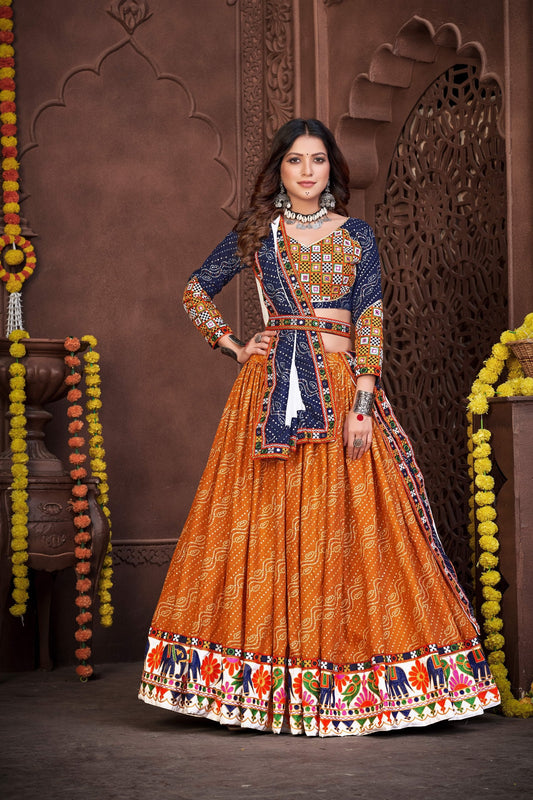 Mustard & Navy Blue Cotton Silk Navratri Lehenga Choli with Bandhani Print, Embroidery & Mirror Work
