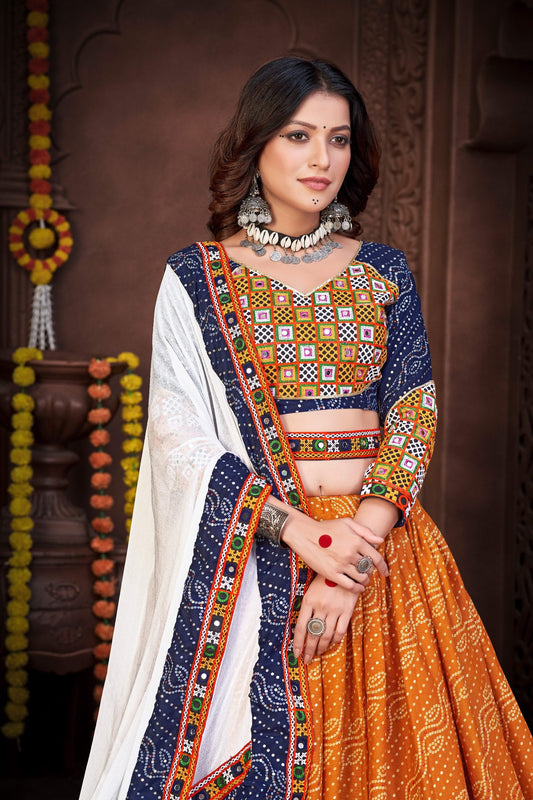 Mustard & Navy Blue Cotton Silk Navratri Lehenga Choli with Bandhani Print, Embroidery & Mirror Work