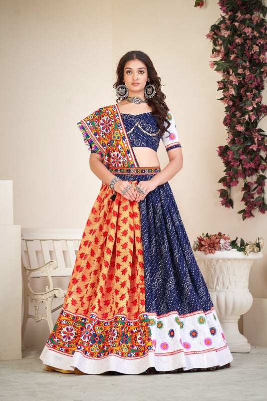 Navy Blue Cotton Silk Navratri Lehenga Choli with Bandhani Print & Mirror Work