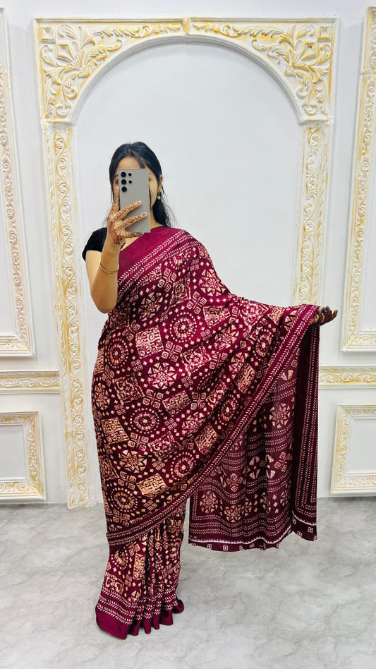 Wine Original Silk Ajrakh Rich Pallu With Contrast Blouse Saree
