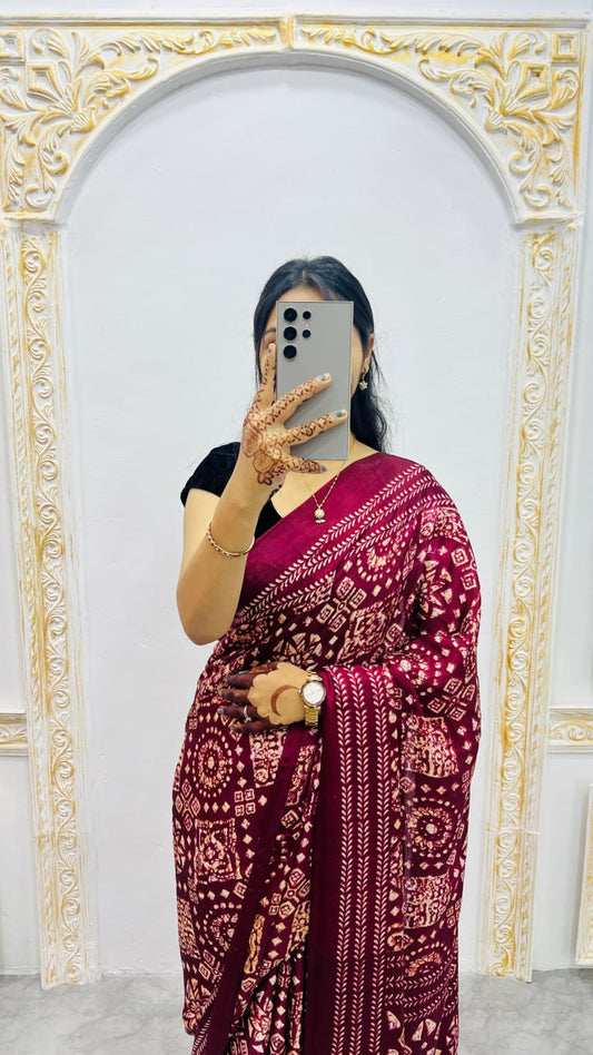 Wine Original Silk Ajrakh Rich Pallu With Contrast Blouse Saree