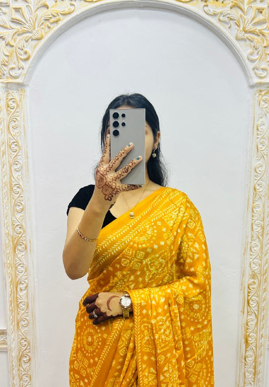 Yellow Original Silk Ajrakh Rich Pallu With Contrast Blouse Saree