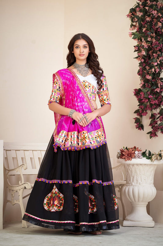 Black Georgette Traditional Kutchi Embroidered Navratri Lehenga Choli with Bandhani Dupatta