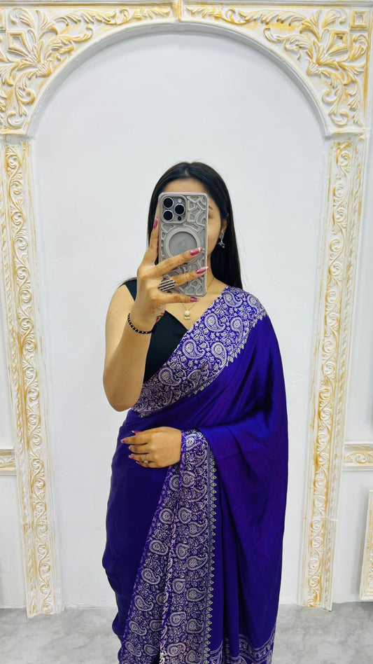 Blue Gajji Silk Ajrakh Rich Pallu With Contrast Blouse Saree