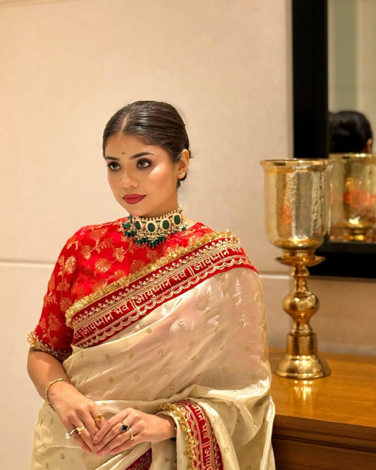 Cream Chinon Silk With Beautiful Embroidery Work Saree