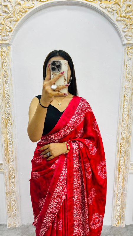 Red Print Border With Rich Pallu With Contrast Blouse Saree