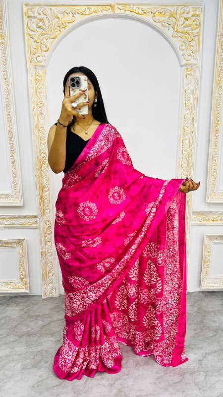 Pink Print Border With Rich Pallu With Contrast Blouse Saree