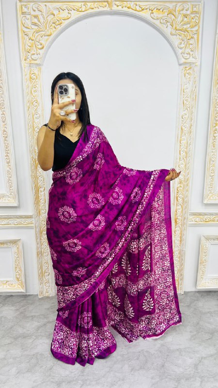 Purple Print Border With Rich Pallu With Contrast Blouse Saree