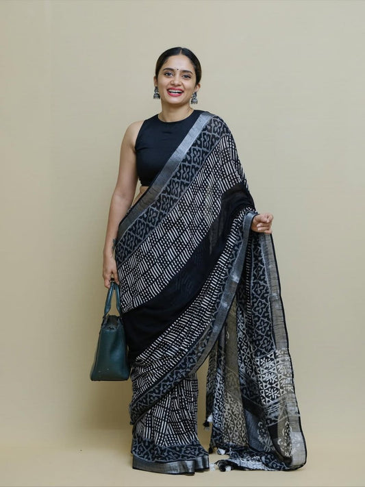 Black Soft Lilan Cotton Digital Print Trending Saree