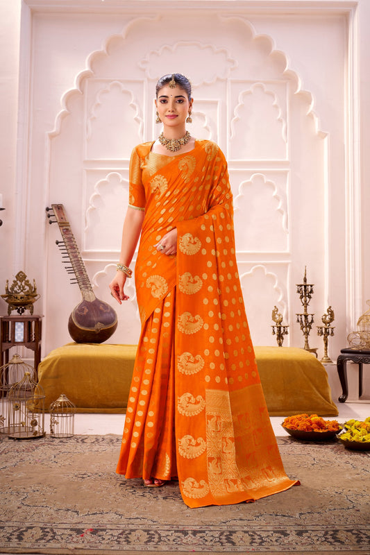 Vibrant Orange Roop Silk Saree with Rich Zari Weaving & Designer Border