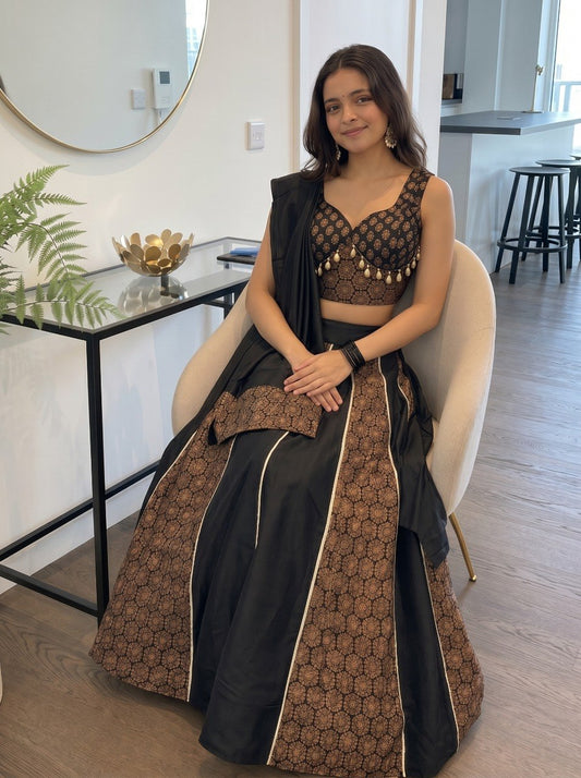 Ready to Wear Black Navratri Lehenga Choli - Cotton Ajrakh Print with Cowrie Shell & Stitched Blouse