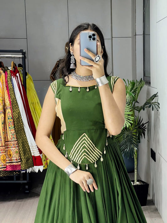 Mehandi Pure Rayon Cotton Gamthi With Real Mirror Work Navratri Lehenga Choli