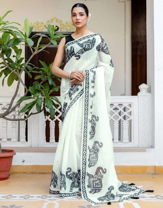 Off White Soft Lilan Cotton Digital Print Trending Saree