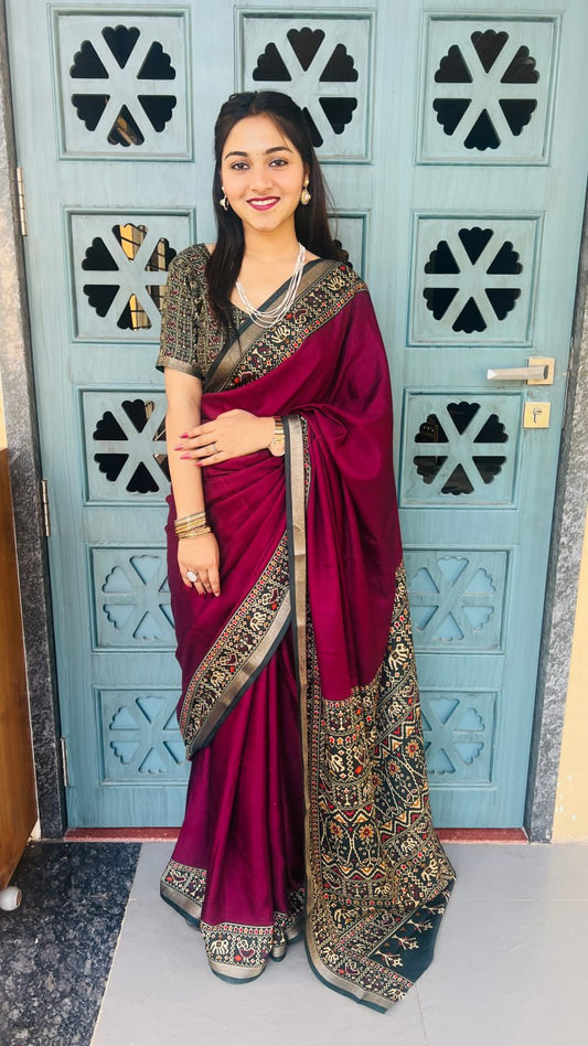 Wine Soft Mul Mul Cotton Silk Kalamkari Prints Saree