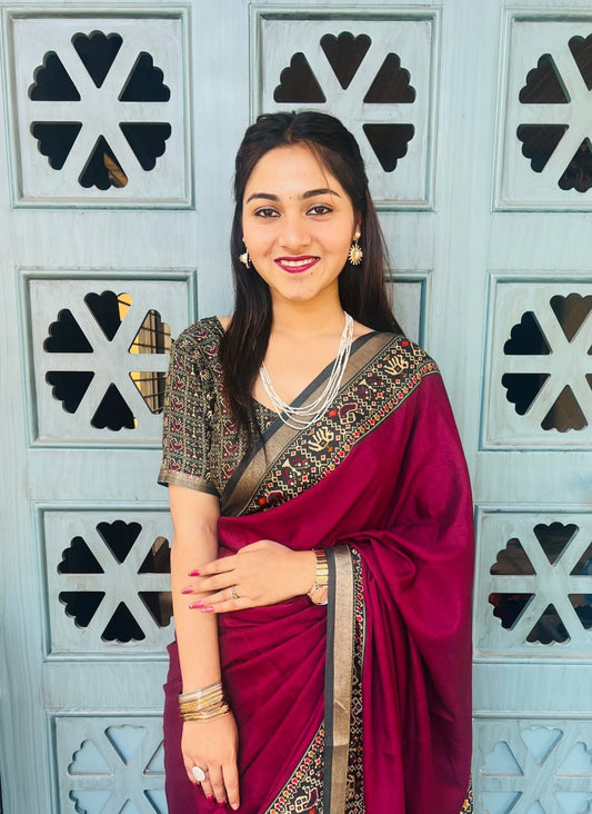 Wine Soft Mul Mul Cotton Silk Kalamkari Prints Saree