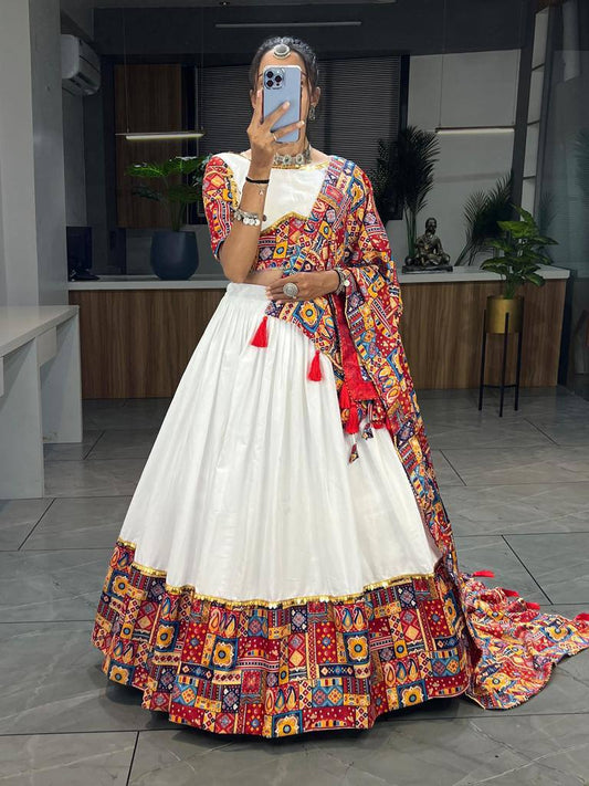 White Navratri Lehenga Choli - Pure Rayon Cotton with Printed Patch Work & Foil Border