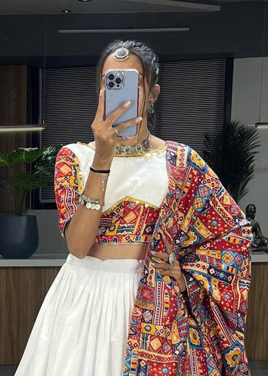 White Navratri Lehenga Choli - Pure Rayon Cotton with Printed Patch Work & Foil Border
