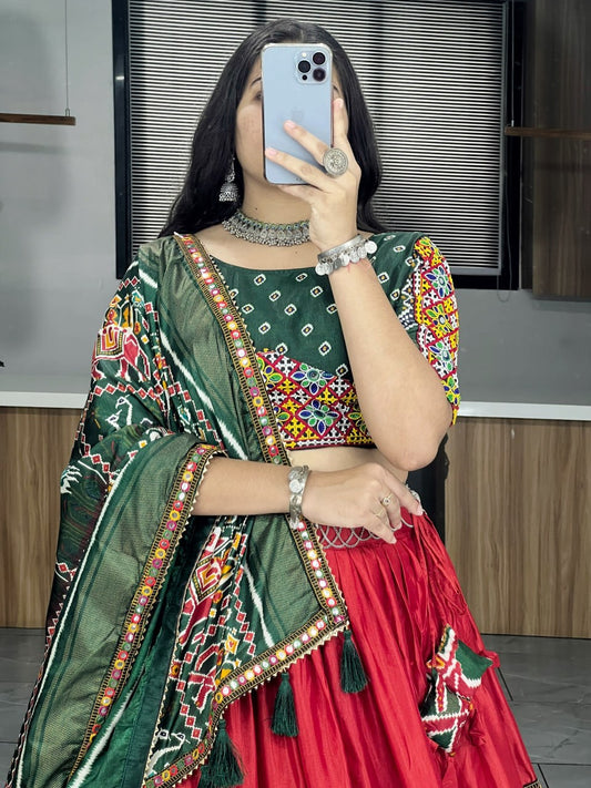 Red & Green Designer Navratri Lehenga Choli - Dola Silk with Patola Paithani Print, Mirror Work & Gamthi Border