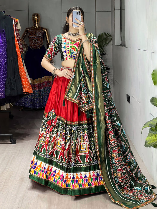 Red & Green Designer Navratri Lehenga Choli - Dola Silk Patola Print with Gamthi Border & Paper Mirror Daaman