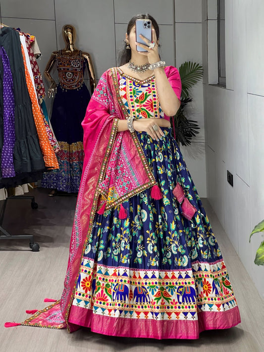 Navy Blue & Pink Designer Navratri Lehenga Choli - Dola Silk Floral Print with Traditional Kutchi Work Border