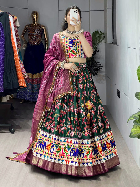 Green & Wine Designer Navratri Lehenga Choli - Dola Silk Floral Print with Traditional Kutchi Work Border
