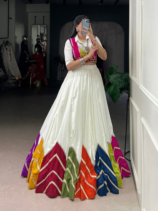 White Multicolor Rayon Gamthi Mirror Work Navratri Lehenga Choli