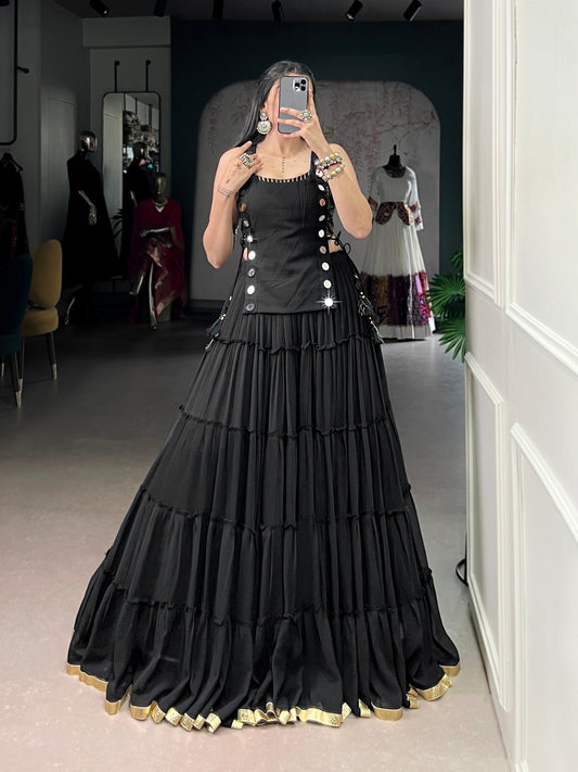 Black Designer Navratri Lehenga Choli - Feather-Light Tiered Flare with Mirror Work & Gold Lace