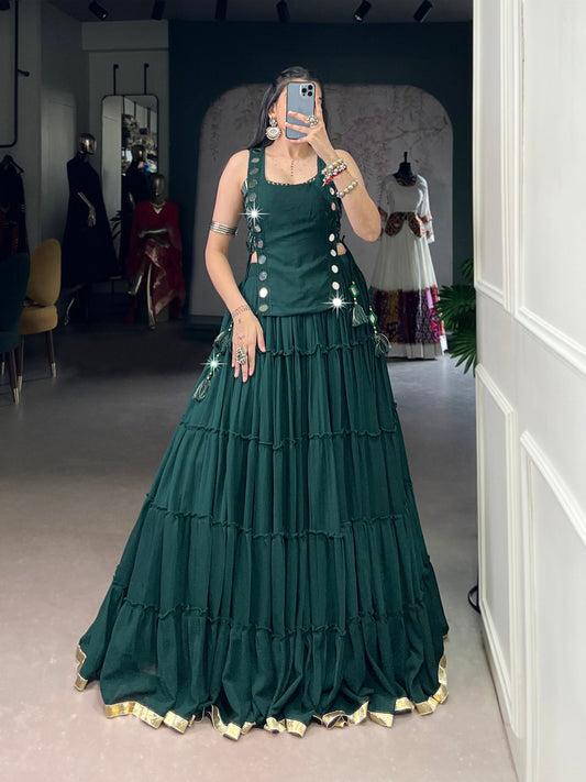 Emerald Green Designer Navratri Lehenga Choli - Feather-Light Tiered Flare with Mirror Work & Gold Lace