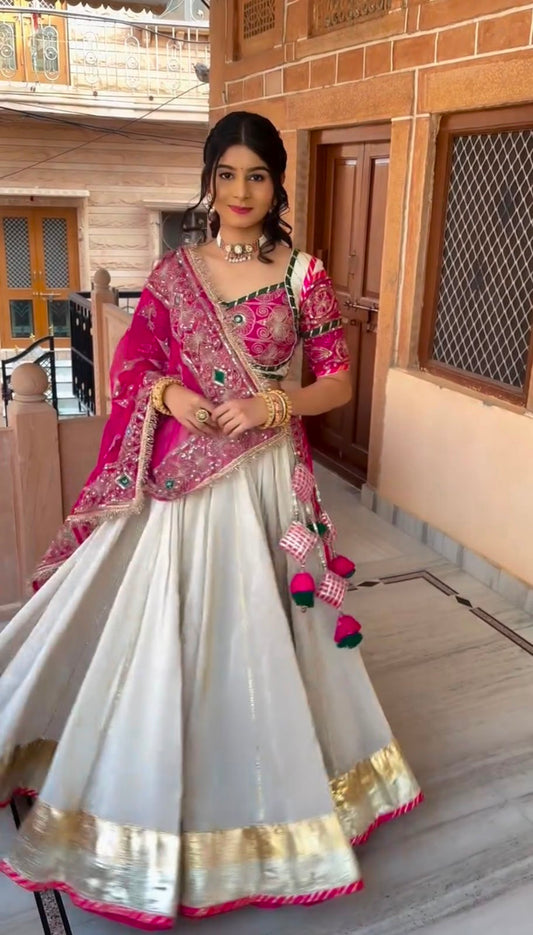 Off-White & Rani Pink Roman Silk Navratri Chaniya Choli - Heavy Thread & Sequin Embroidery with Dupatta