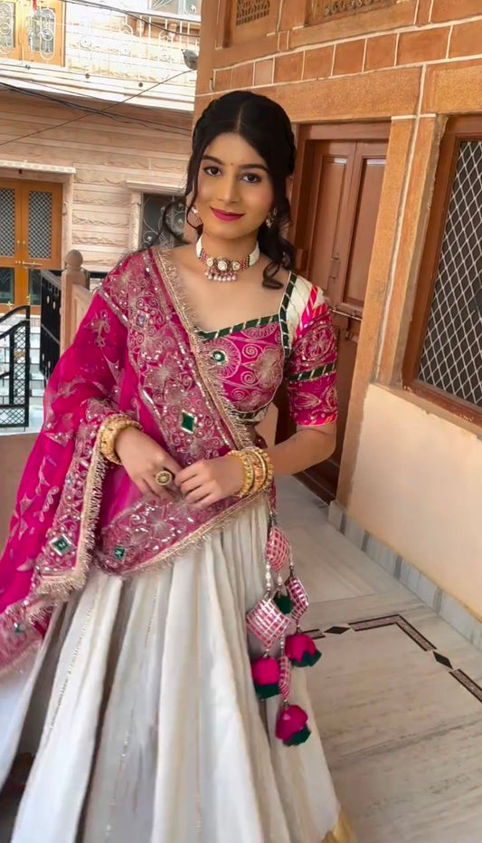 Off-White & Rani Pink Roman Silk Navratri Chaniya Choli - Heavy Thread & Sequin Embroidery with Dupatta
