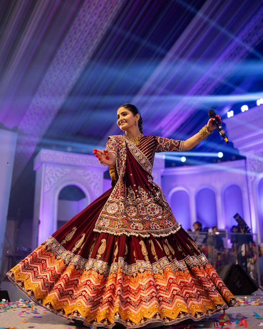 Maroon & Orange Navratri Chaniya Choli - Heavy Muslin Cotton with Real Mirror Work & Digital Print