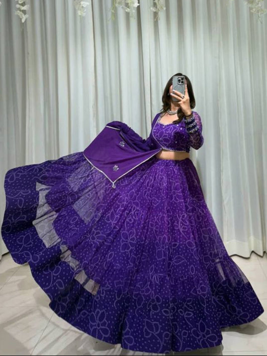 Purple Printed Georgette Real Mirror Work Navratri Lehenga Choli