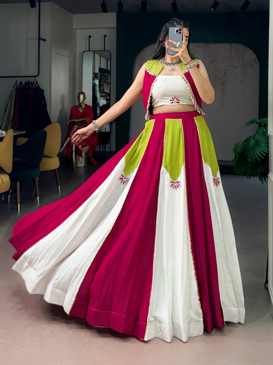 Rani Pink, Green & White Designer Navratri Lehenga Choli - Pure Rayon Kali Panel with Gota Patti, Pearl & Shell Tassels