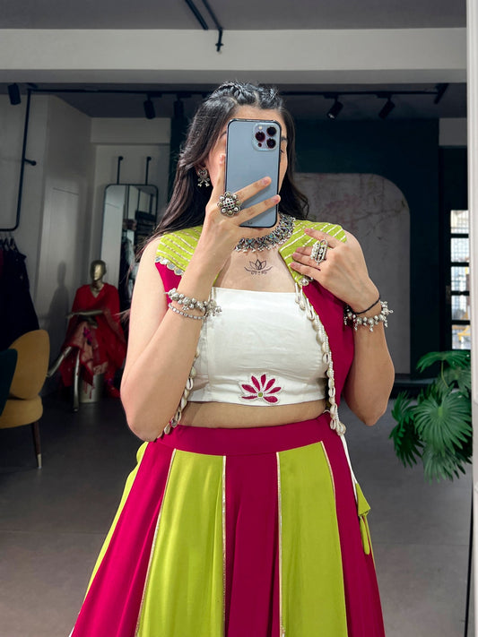 Rani Pink, Green & White Designer Navratri Lehenga Choli - Pure Rayon Kali Panel with Gota Patti, Pearl & Shell Tassels
