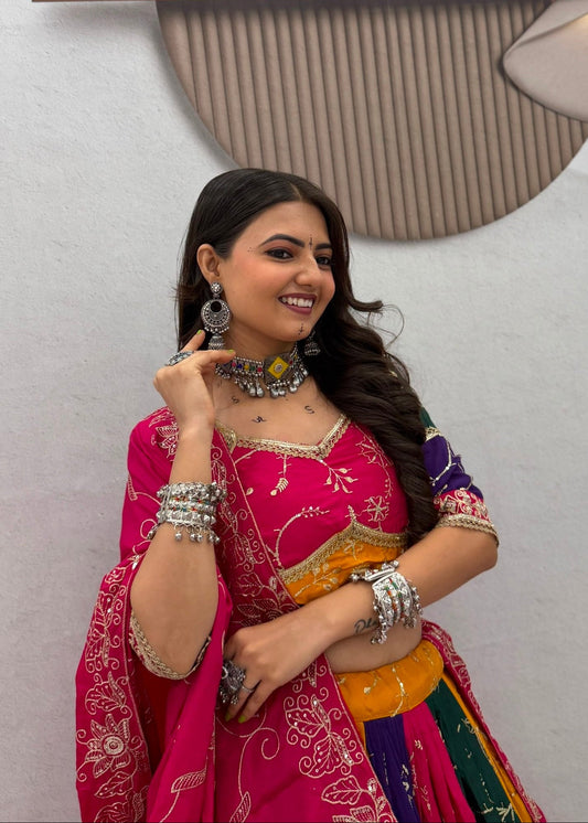 Multicolour Milki Silk Navratri Chaniya Choli - Thread & Sequin Embroidery with Rani Pink Dupatta
