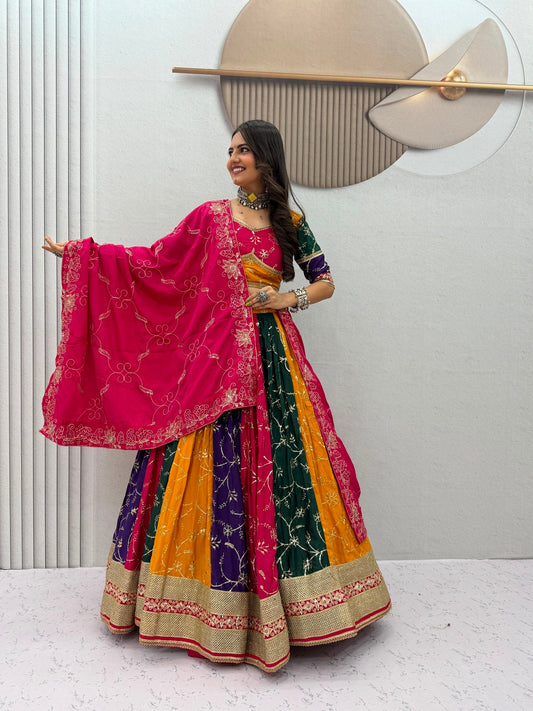 Multicolour Milki Silk Navratri Chaniya Choli - Thread & Sequin Embroidery with Rani Pink Dupatta